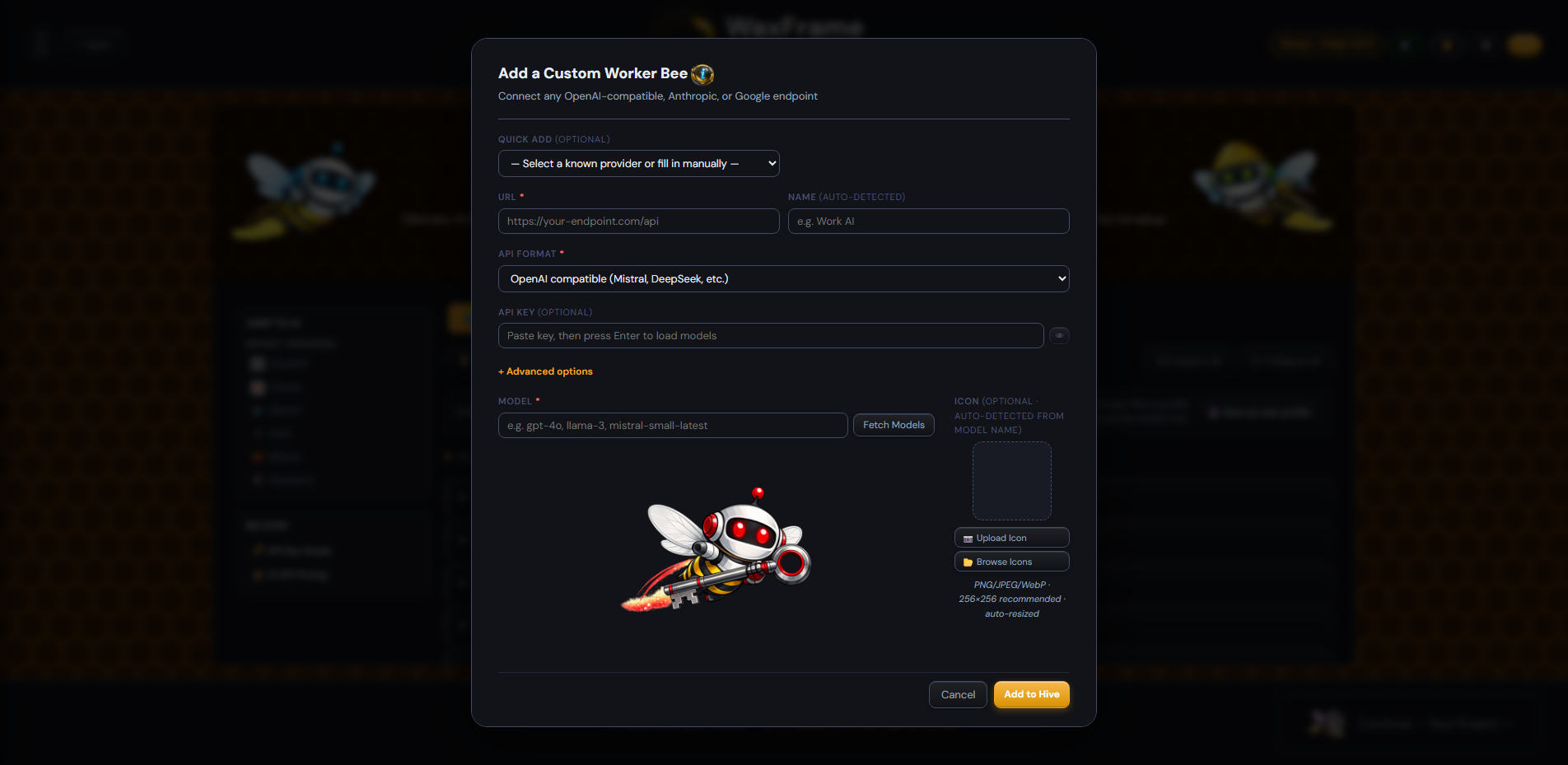 The Add Custom AI form open on the Setup screen, showing the URL, Name, API Format, Model, and API Key fields