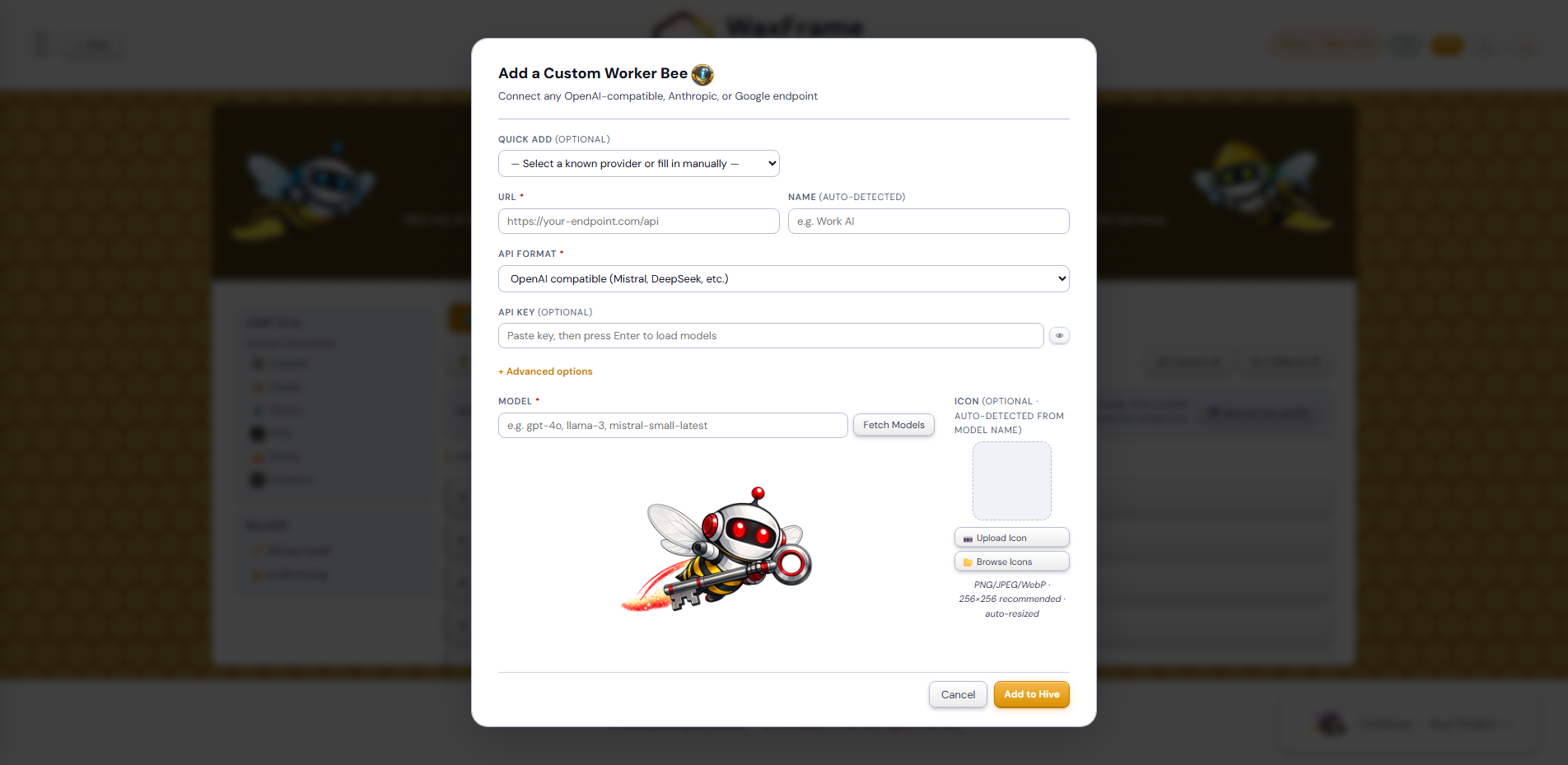 The Add Custom AI form open on the Setup screen, showing the URL, Name, API Format, Model, and API Key fields