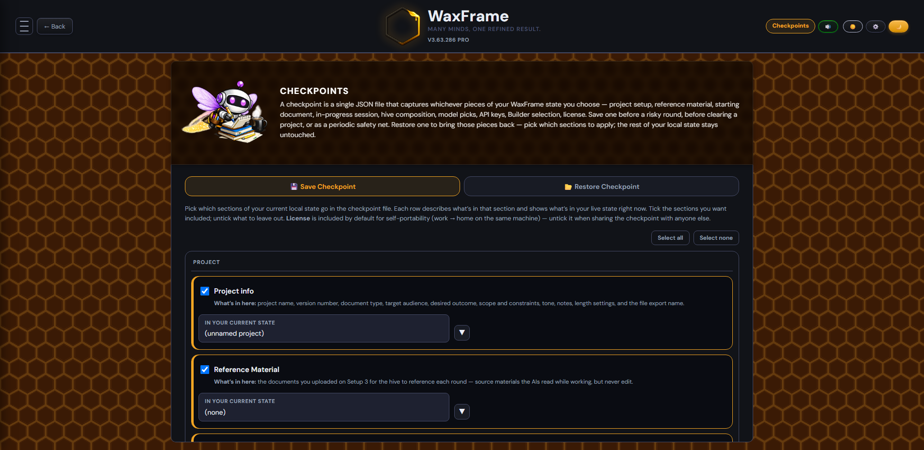 Checkpoints screen — Save mode showing the nine scope checkboxes with live state previews