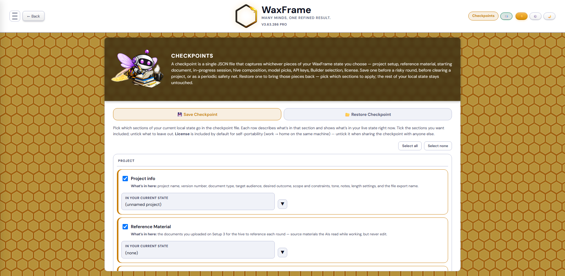 Checkpoints screen — Save mode showing the nine scope checkboxes with live state previews