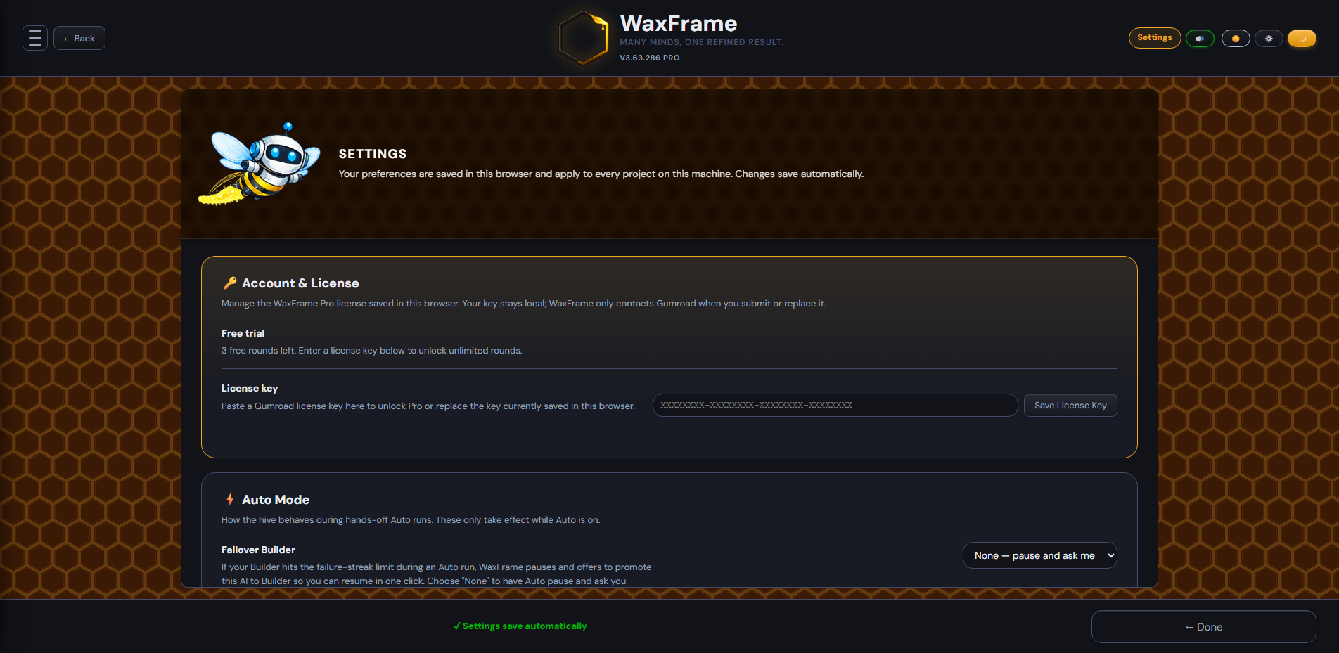 WaxFrame Settings screen