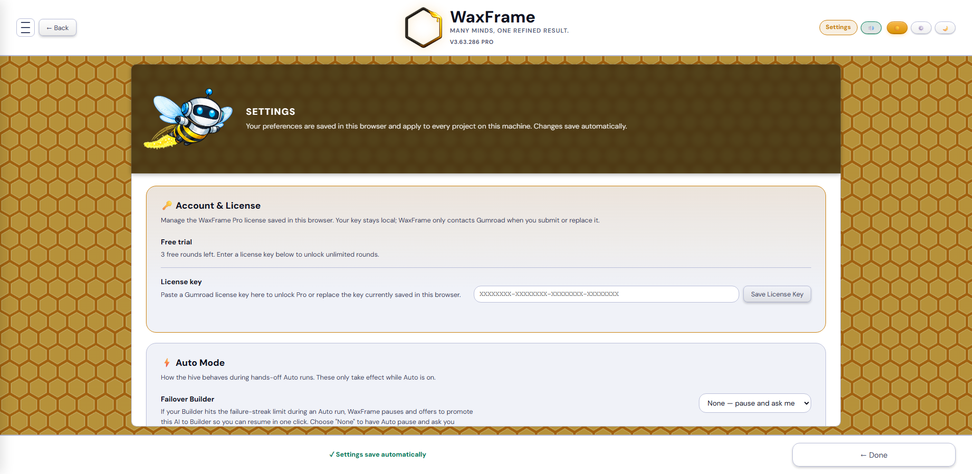 WaxFrame Settings screen