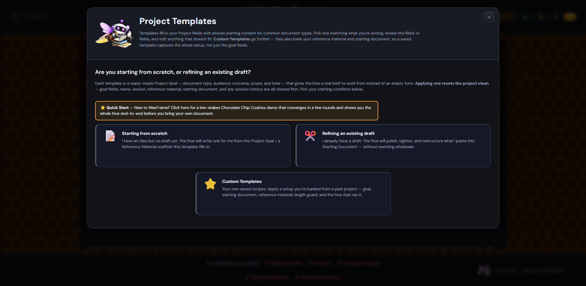 Template gallery — path picker with Quick Start and Custom Templates options