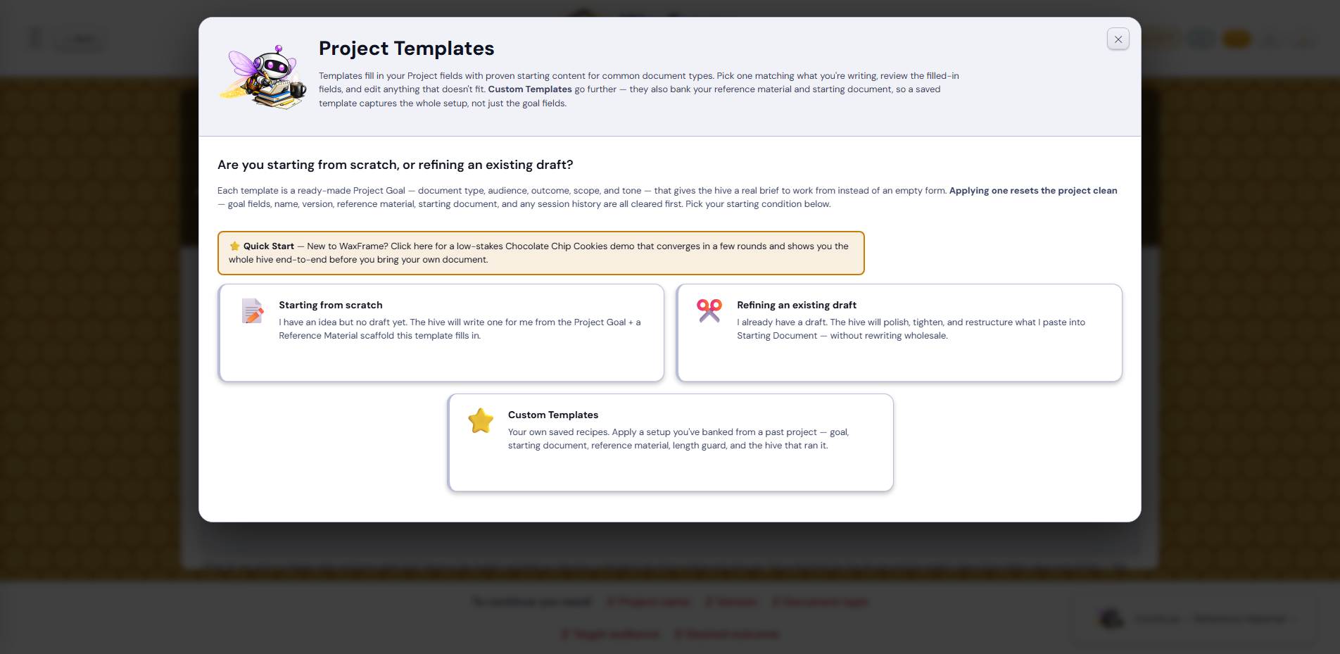 Template gallery — path picker with Quick Start and Custom Templates options