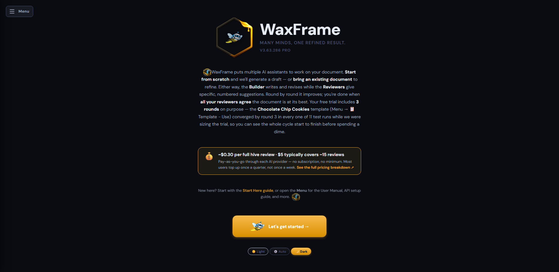 WaxFrame welcome screen