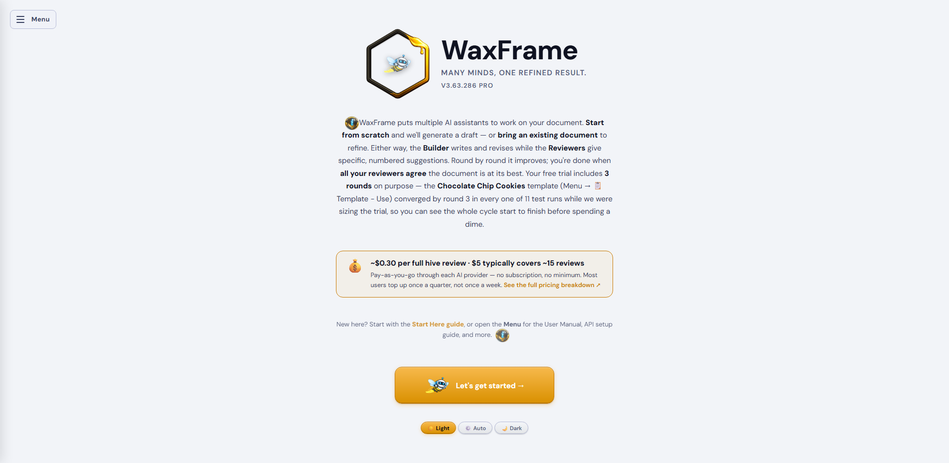 WaxFrame welcome screen