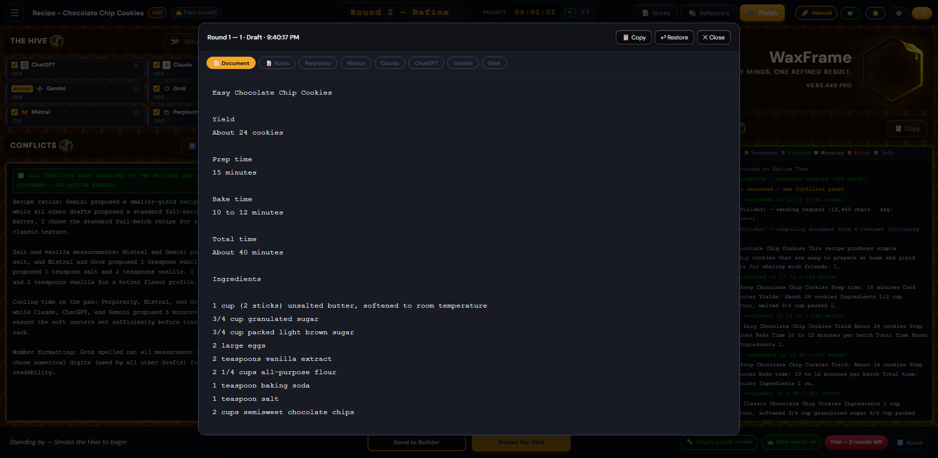 Round History — View Doc modal showing a past round's document snapshot and reviewer response tabs