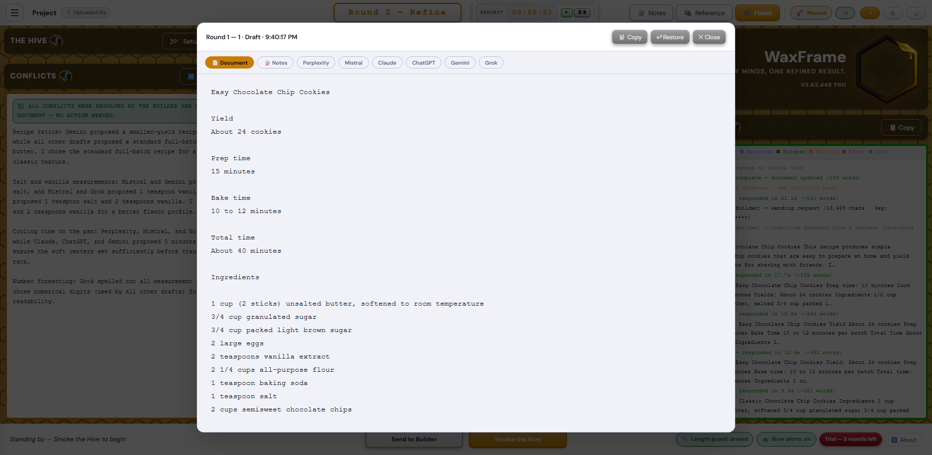 Round History — View Doc modal showing a past round's document snapshot and reviewer response tabs